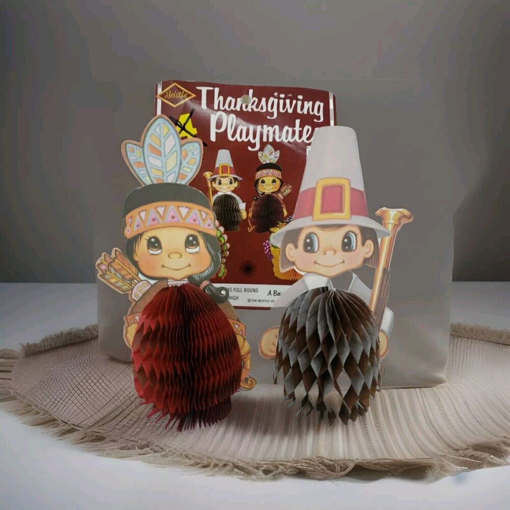VTG Thanksgiving Playmates Holiday Table Decor Pilgrim Boy Native American Girl